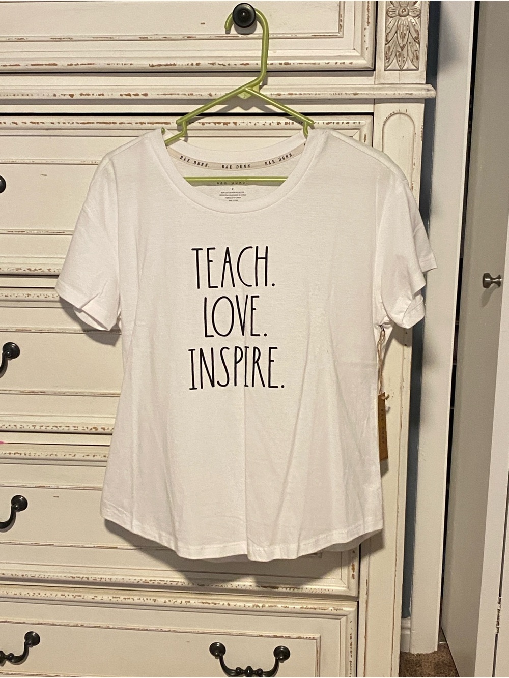 Rae Dunn White Short Sleeve Tee with Black Text - TEACH. LOVE. INSPIRE.